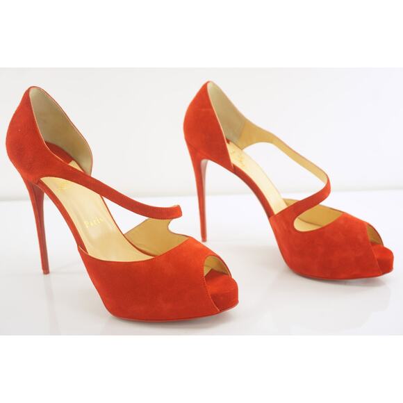 Christian Louboutin Catchy Two Platform Peep Toe Pumps SZ 41 11 Loubi Red Suede - Picture 8 of 9